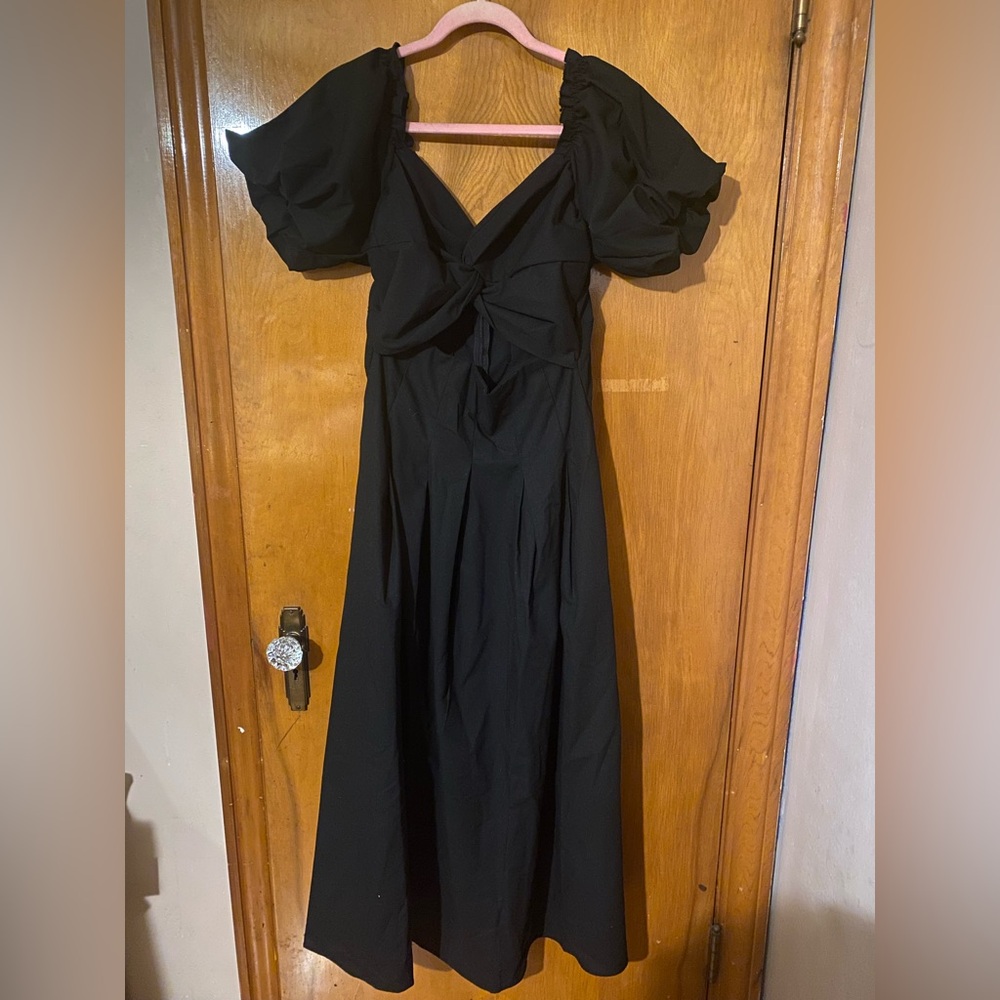 Petal & Pup Black Puff Sleeve Midi Dress with Front Knot